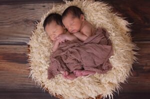 Two newborn twins are sleeping peacefully, curled up together in a woven basket lined with a fluffy, white blanket. They are partially covered with a brown, cloth blanket