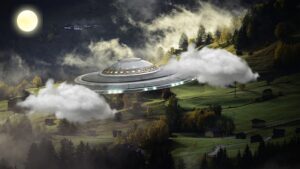 a classic flying saucer-shaped UFO hovering amidst clouds over a lush green valley with small houses and trees, under a full moon