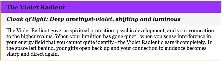 An informational card titled "The Violet Radient" with descriptive text.