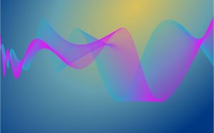 An abstract image with wavy, colorful lines on a blue and yellow background