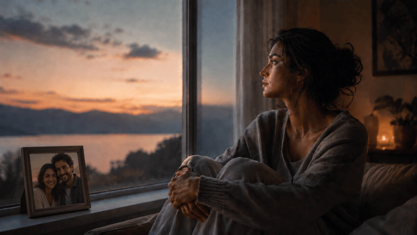 A thoughtful woman looks out a window at a sunset over water.
