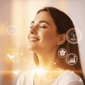 Smiling woman glowing with light, symbolizing renewed love and success.