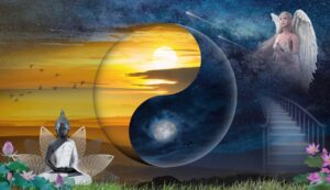 Yin and Yang with sunset background